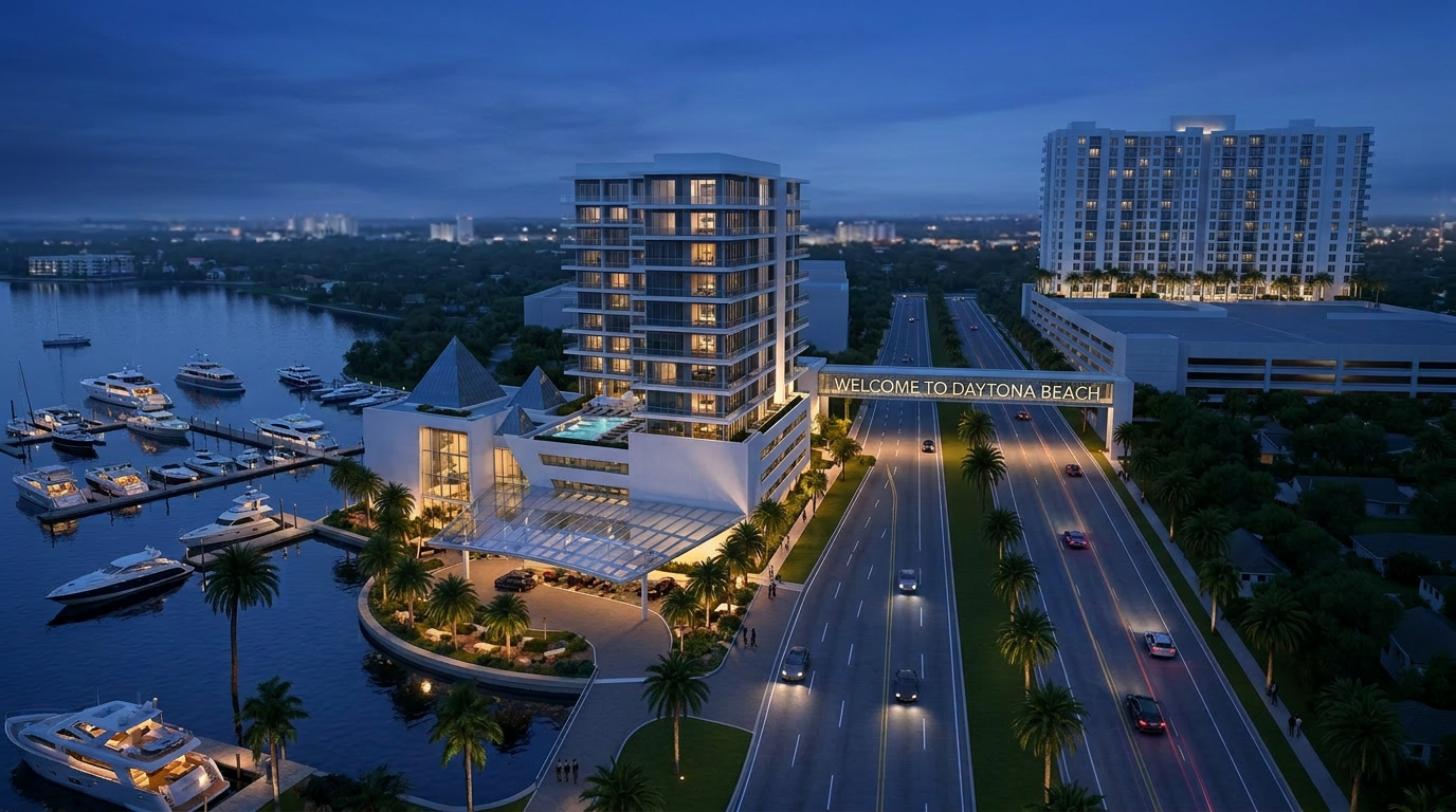 Proposed FAST.TOWN Daytona Beach marina tower rendering